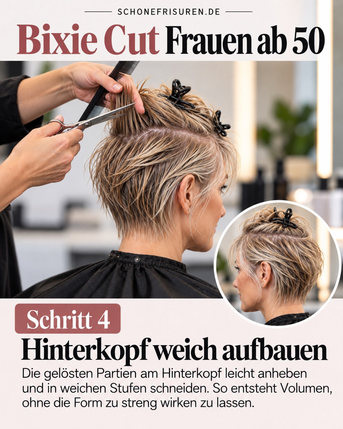 Bixie Cut Frauen ab 50 beim Aufbau des Hinterkopfs mit sanften Stufen
