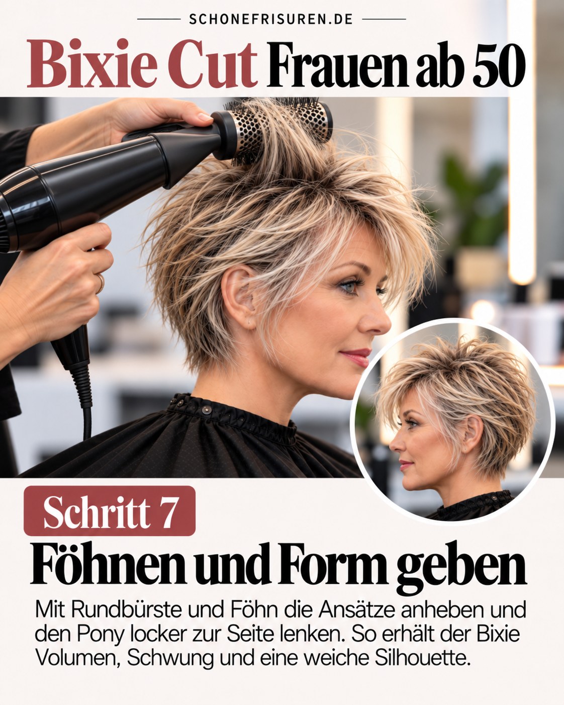 Bixie Cut Frauen ab 50 beim Föhnen mit Rundbürste und Volumen