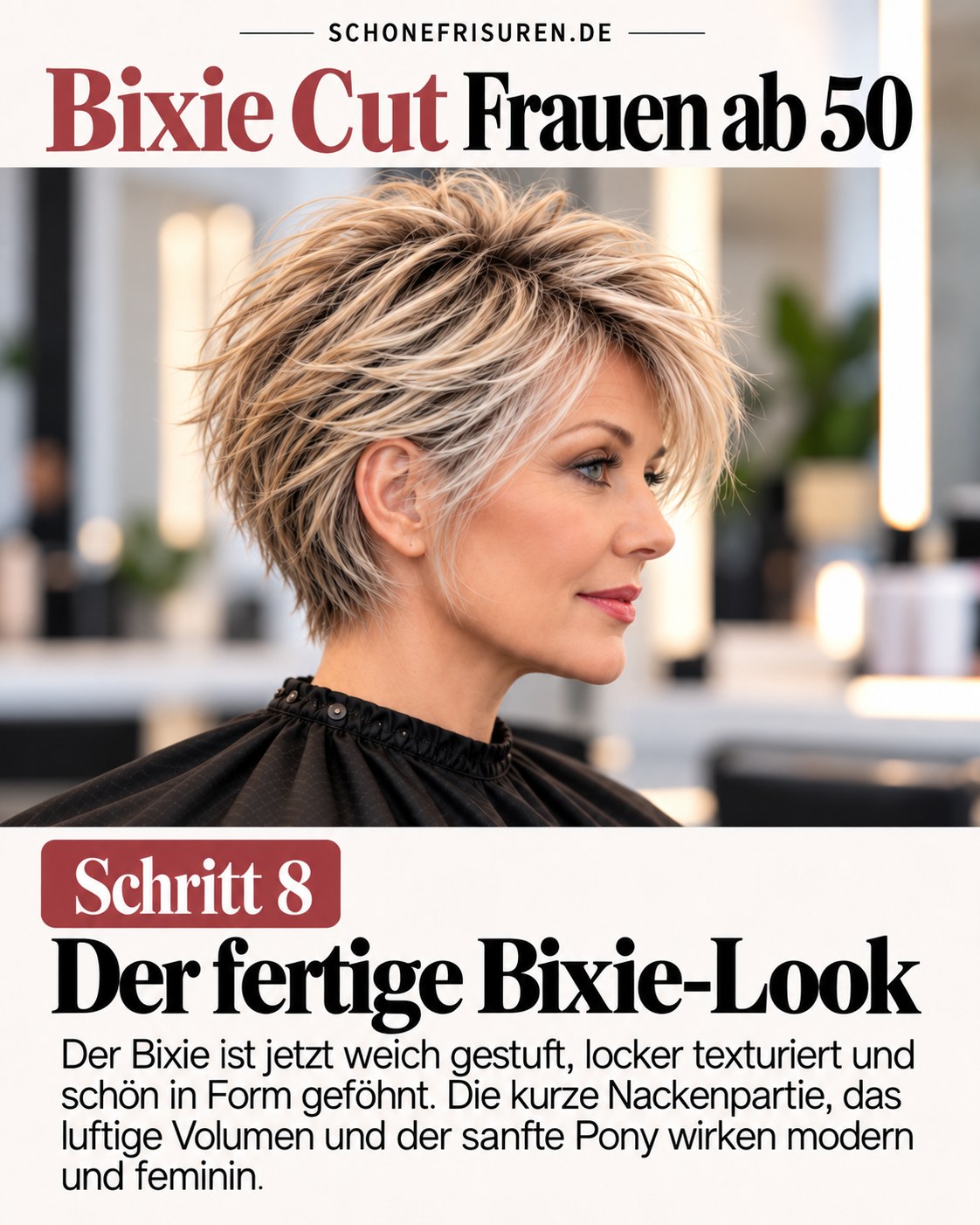 Bixie Cut Frauen ab 50 als fertiger lockerer Kurzhaarschnitt mit Pony
