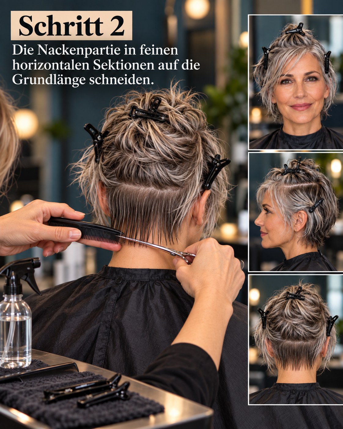 Bixie Cut graues Haar mit horizontalen Nacken-Sektionen beim Grundschnitt