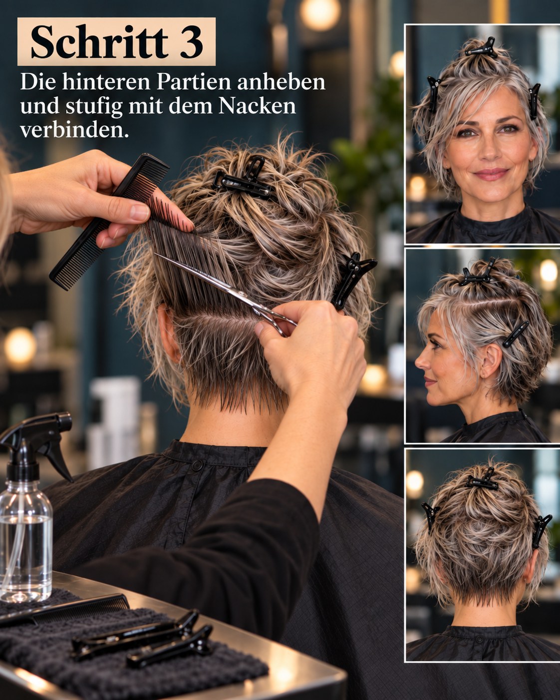 Bixie Cut graues Haar mit gestuften hinteren Partien und Scherenarbeit am Nacken