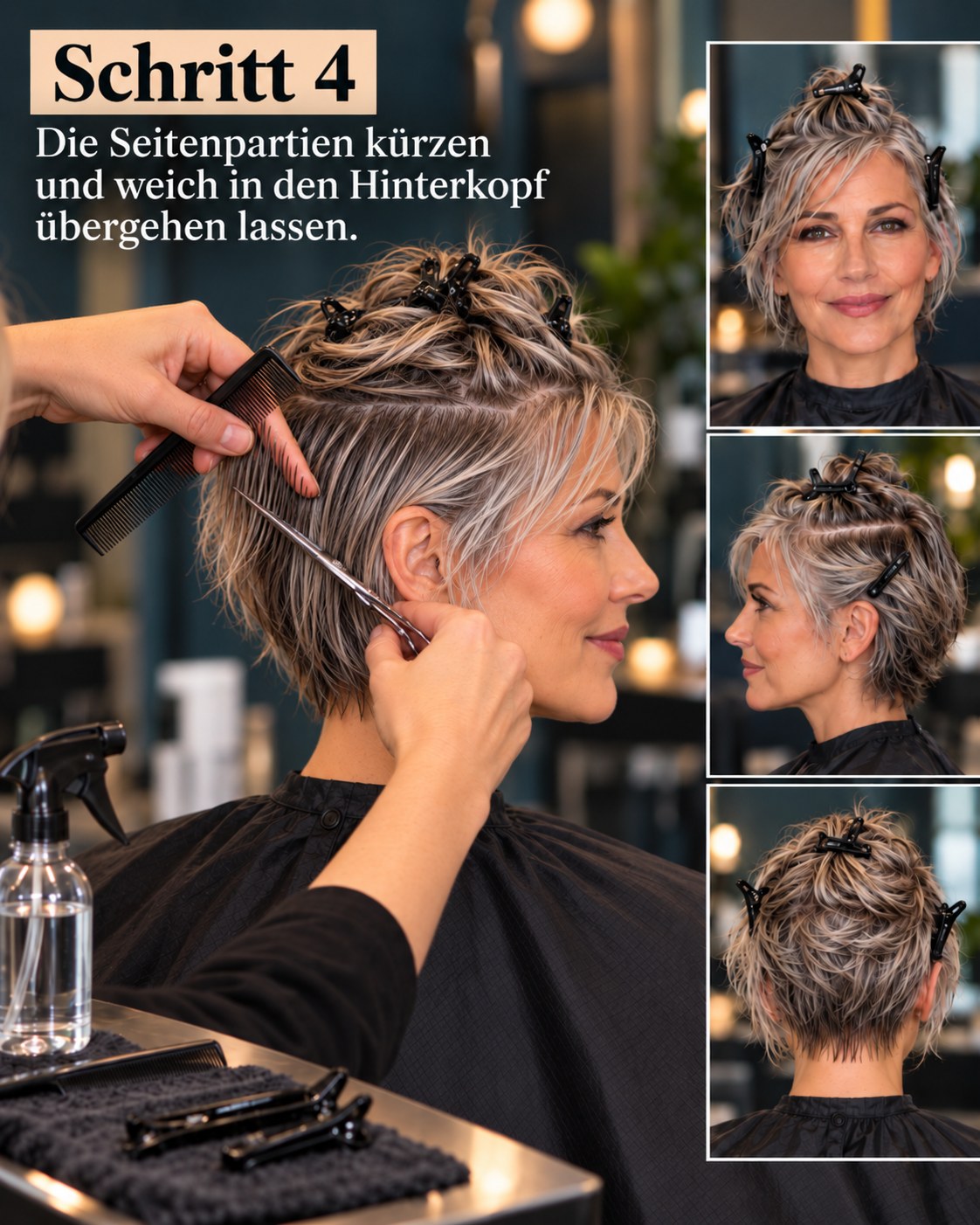 Bixie Cut graues Haar mit weich gekürzten Seiten und Übergang zum Hinterkopf