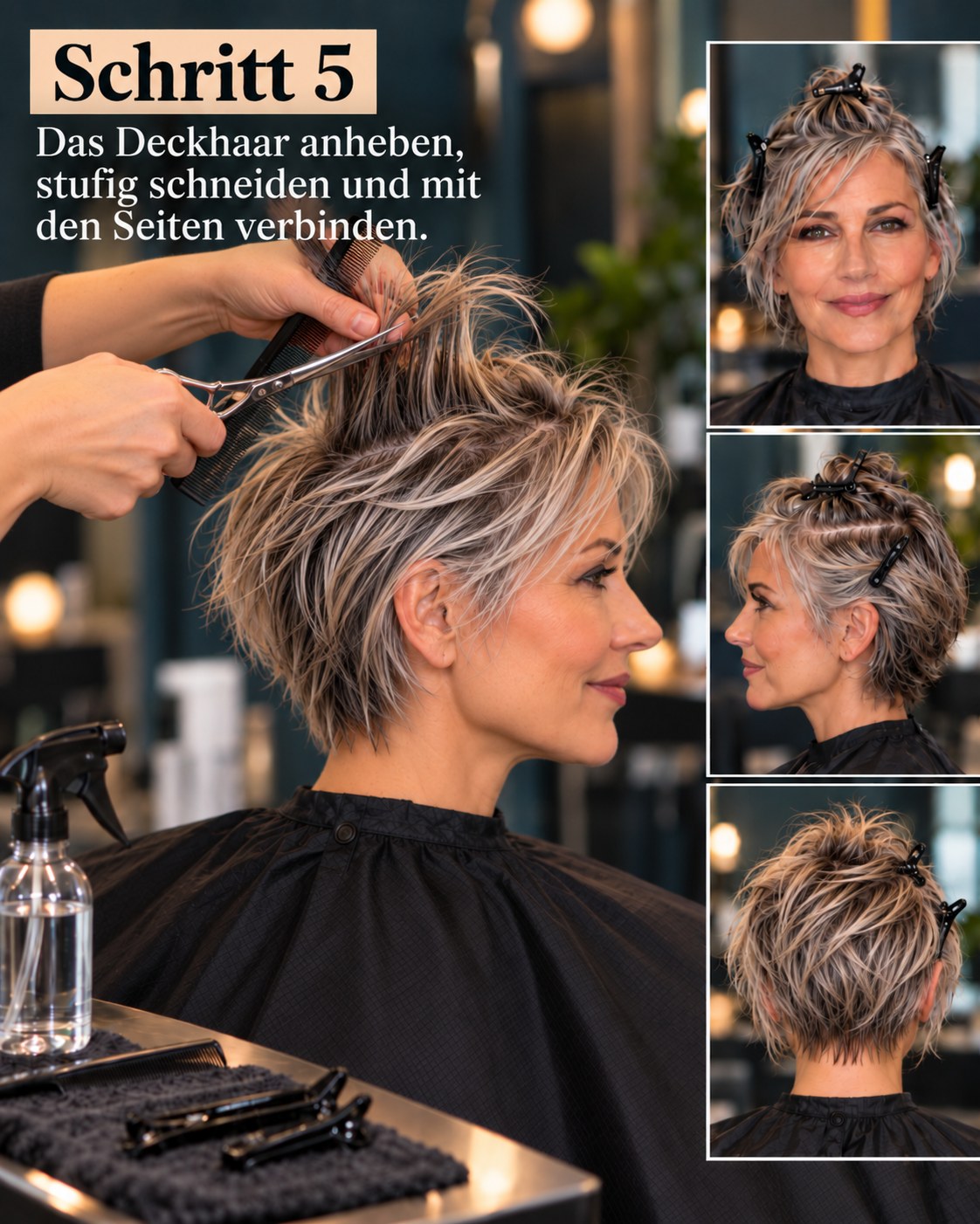 Bixie Cut graues Haar mit angehobenem Deckhaar für luftige Stufen