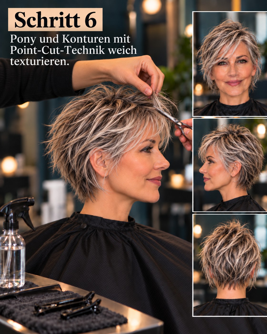 Bixie Cut graues Haar mit texturiertem Pony und weichen Konturen