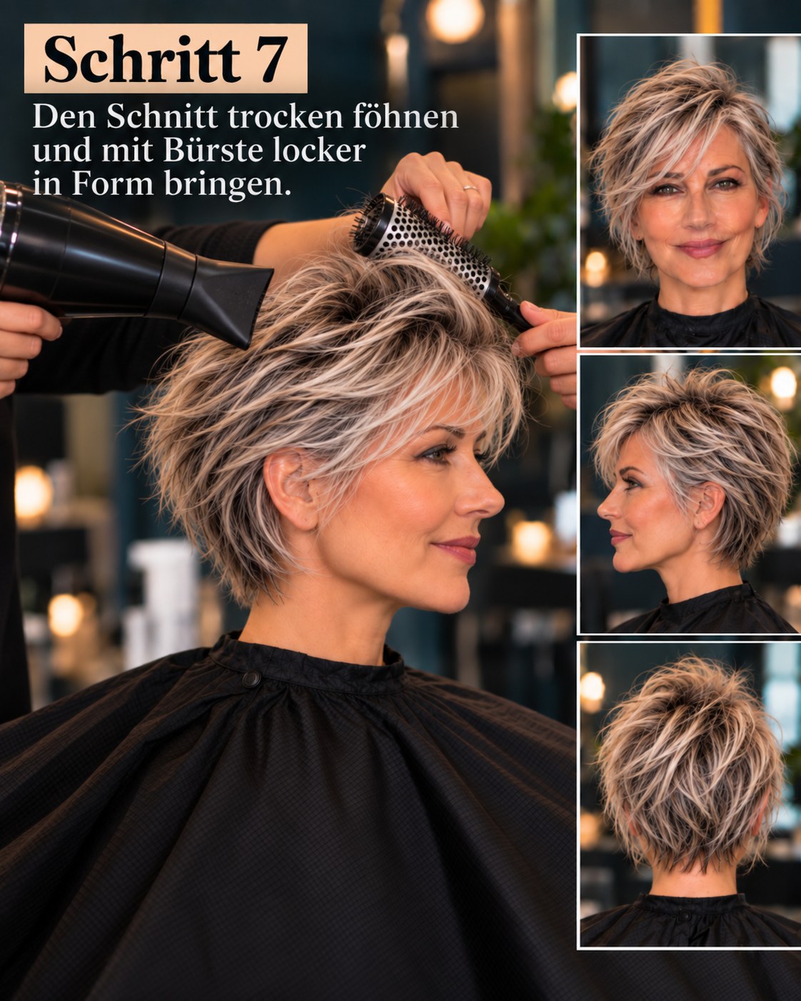 Bixie Cut graues Haar beim Föhnen mit Bürste für mehr Bewegung