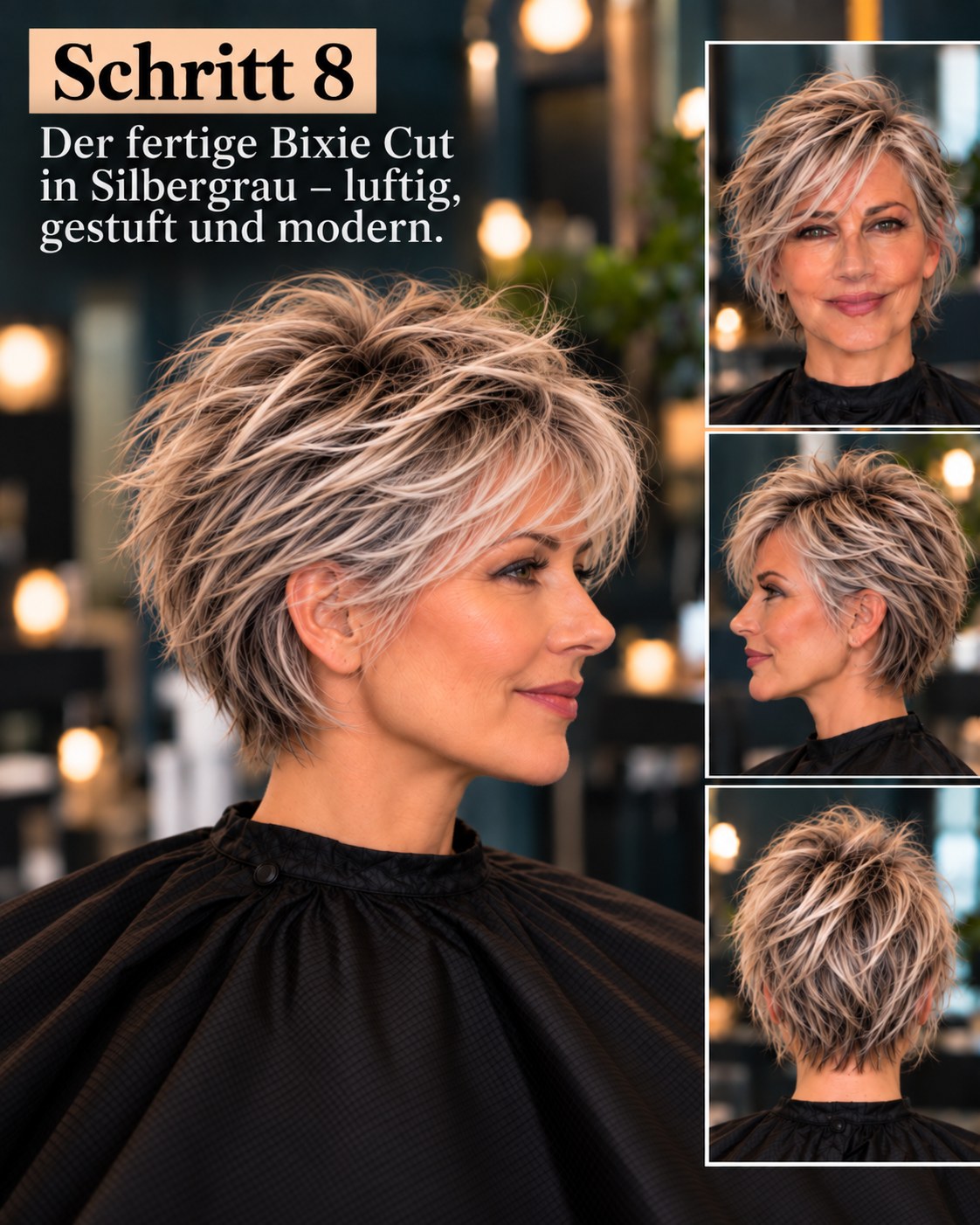 Fertiger Bixie Cut graues Haar in Silbergrau mit modernen Stufen