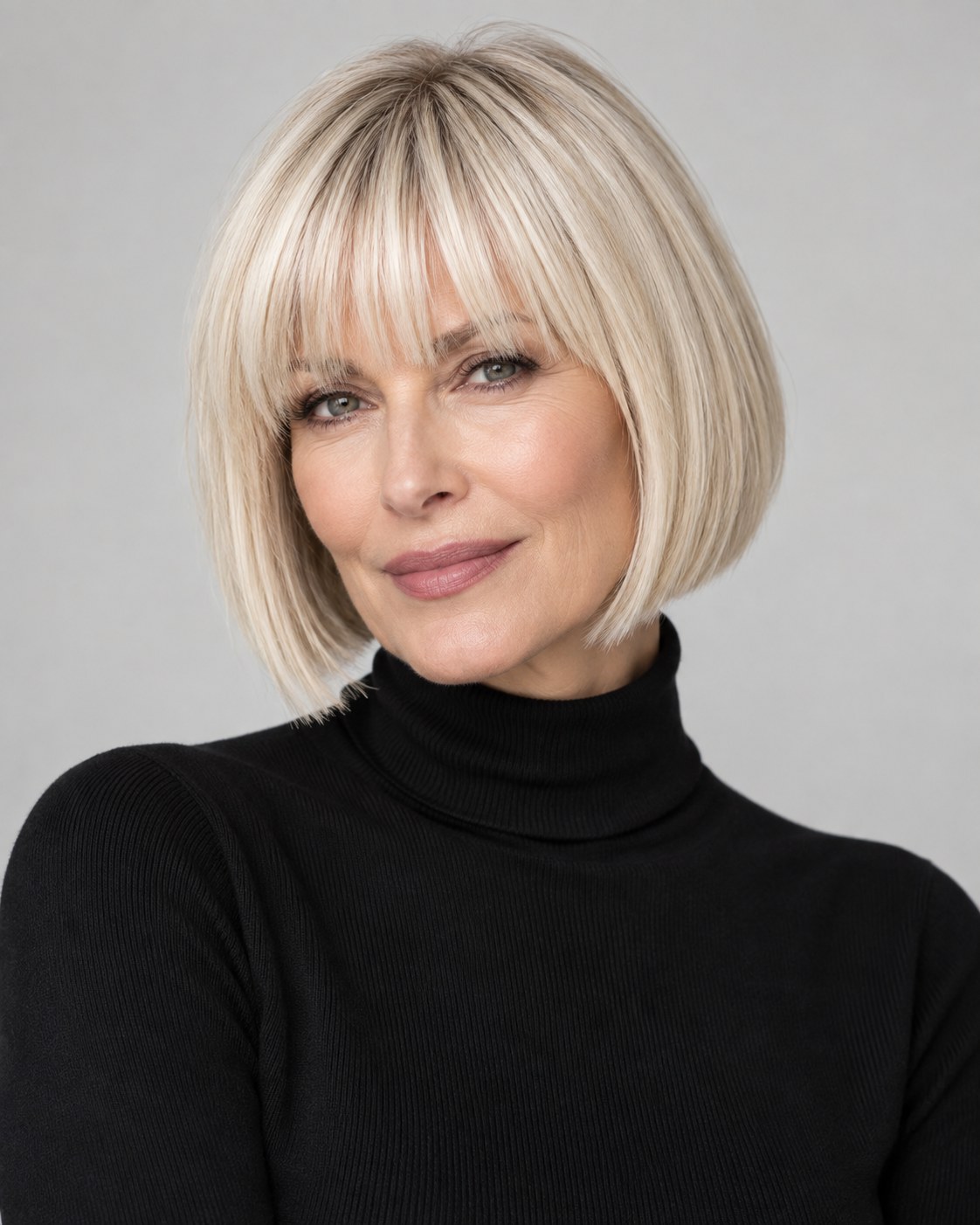 Blonder Bob mit geradem Pony und klarer moderner Schnittlinie