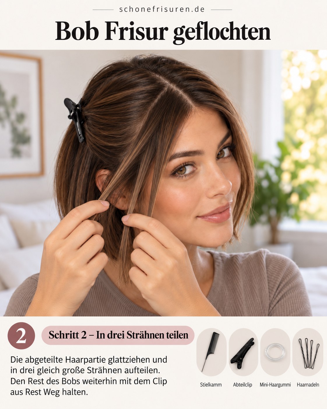 Bob Frisur geflochten mit drei vorbereiteten Haarsträhnen an der Seite