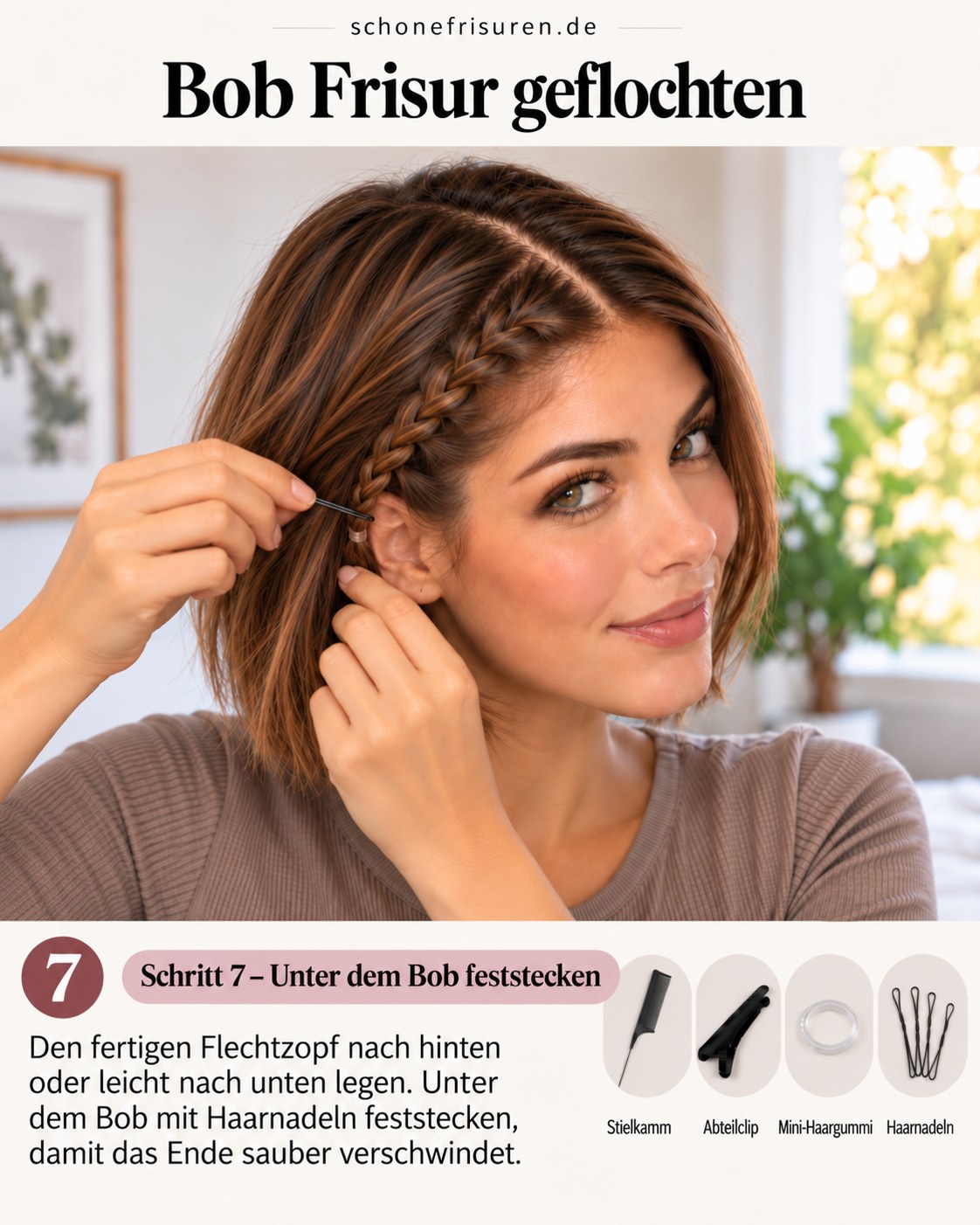 Bob Frisur geflochten mit unter dem Bob festgestecktem Flechtzopf