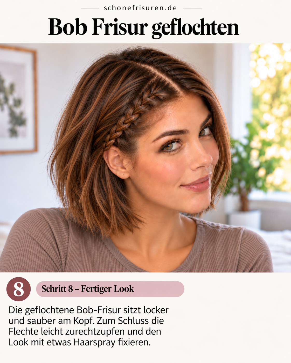 Bob Frisur geflochten als fertiger lockerer Look mit Seitenakzent