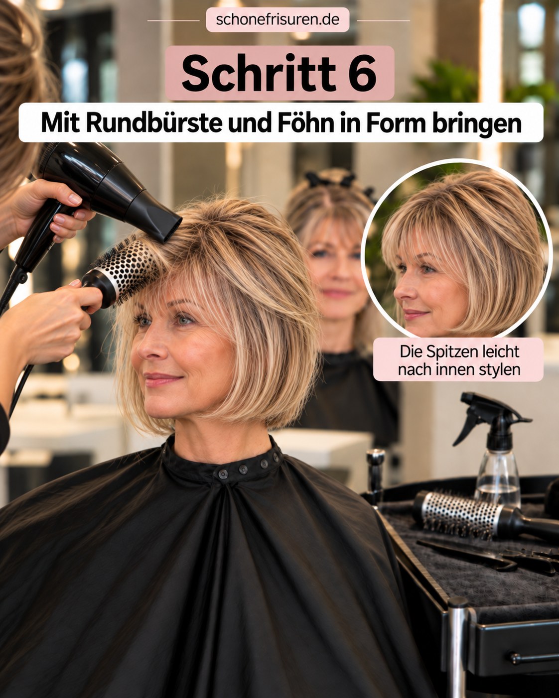 Bob Frisuren mit Pony ab 50 beim Föhnen mit Rundbürste geformt