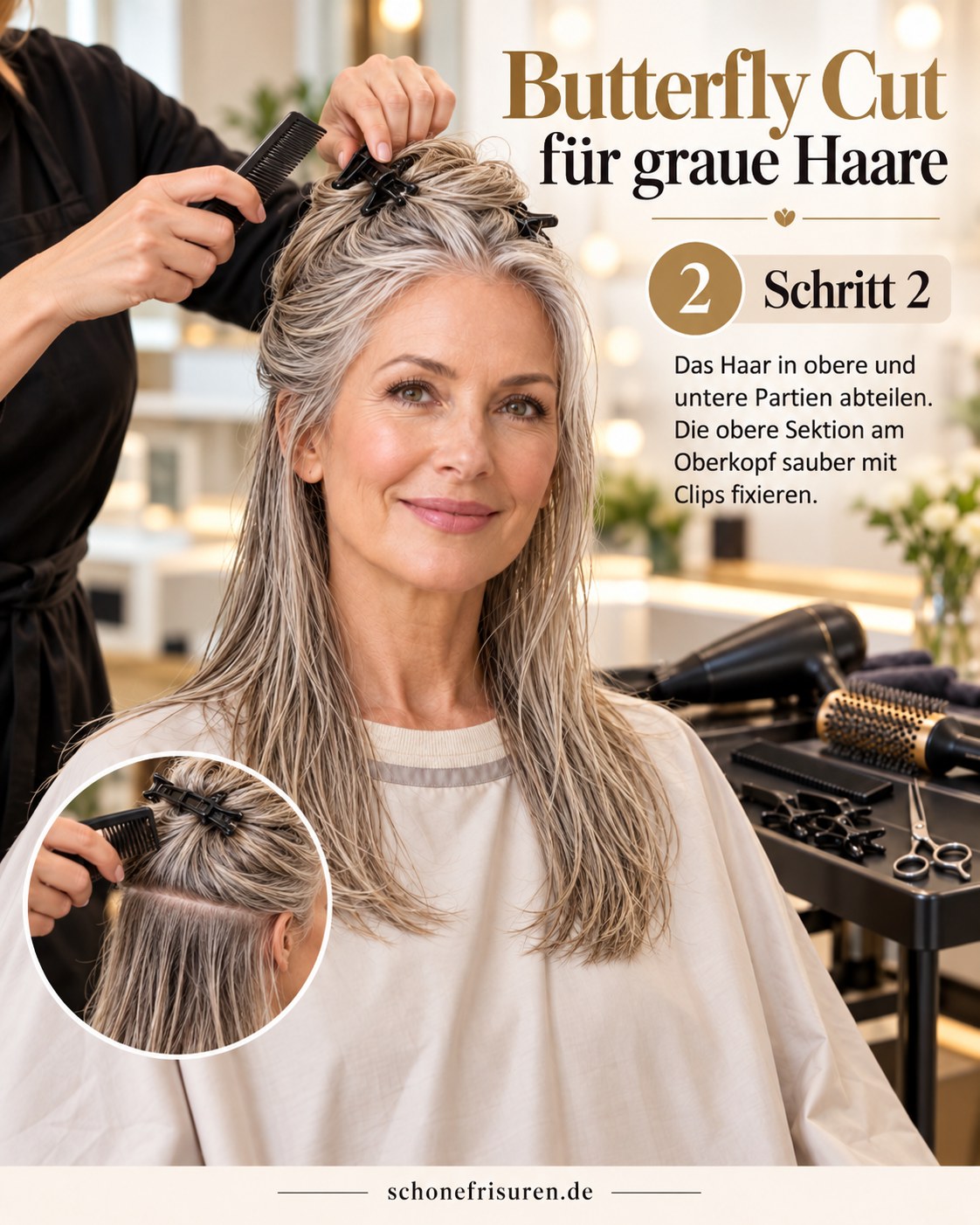 Butterfly Haircut graue Haare mit sauber abgeteilten Haarpartien und Clips