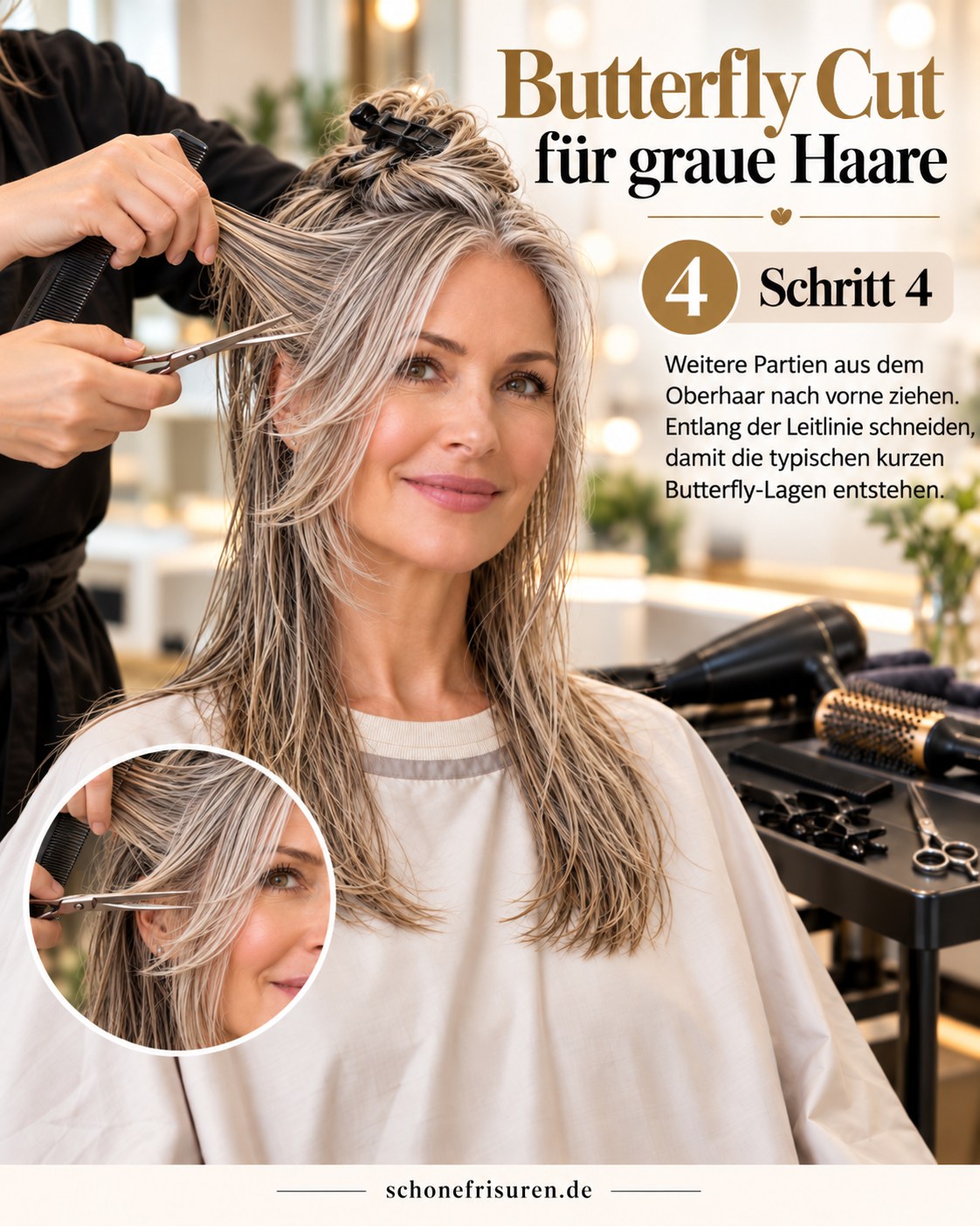 Butterfly Haircut graue Haare mit geschnittenen oberen Schichten