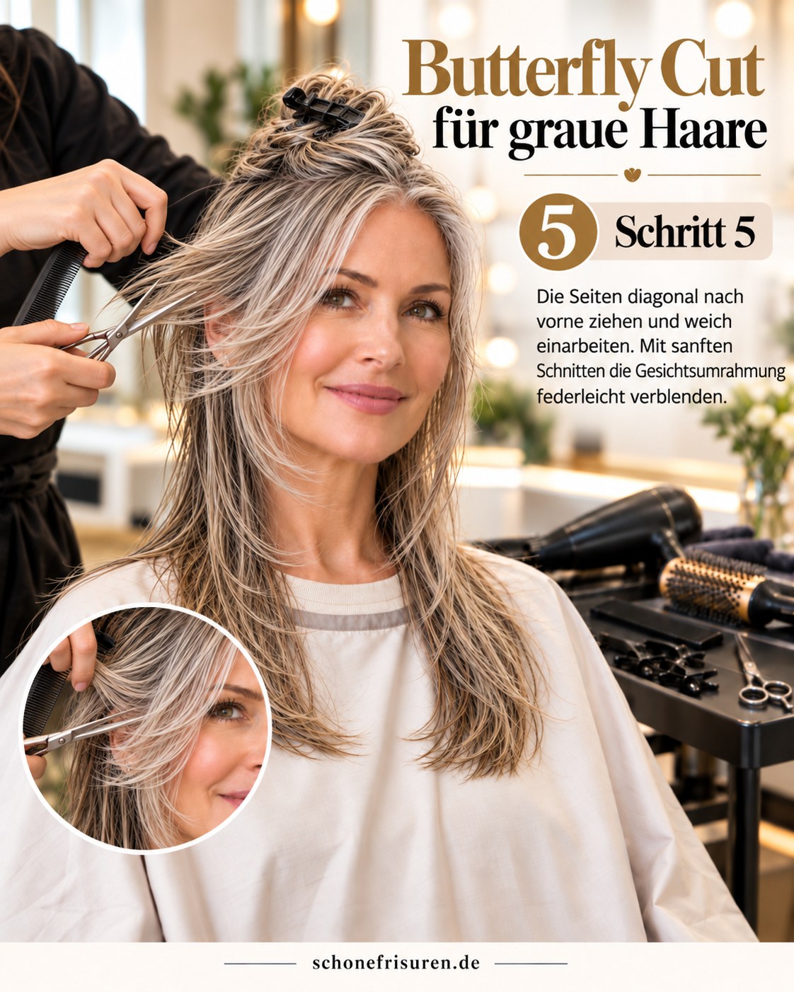 Butterfly Haircut graue Haare mit weich verblendeten Seitenpartien