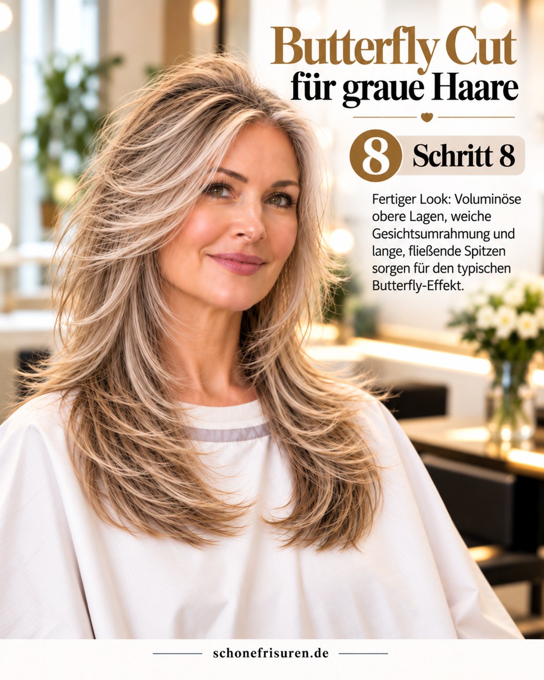 Butterfly Haircut graue Haare als fertiger voluminöser Stufenschnitt