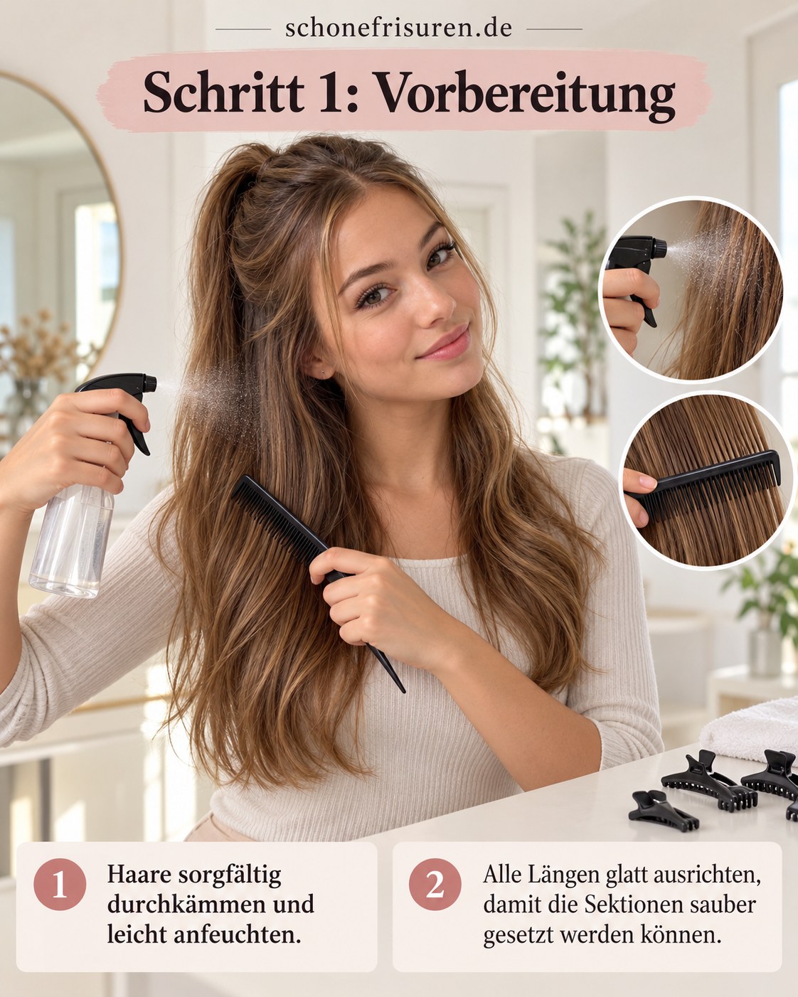 Coupe butterfly dégradée Vorbereitung mit angefeuchtetem Haar und sauberem Durchkämmen