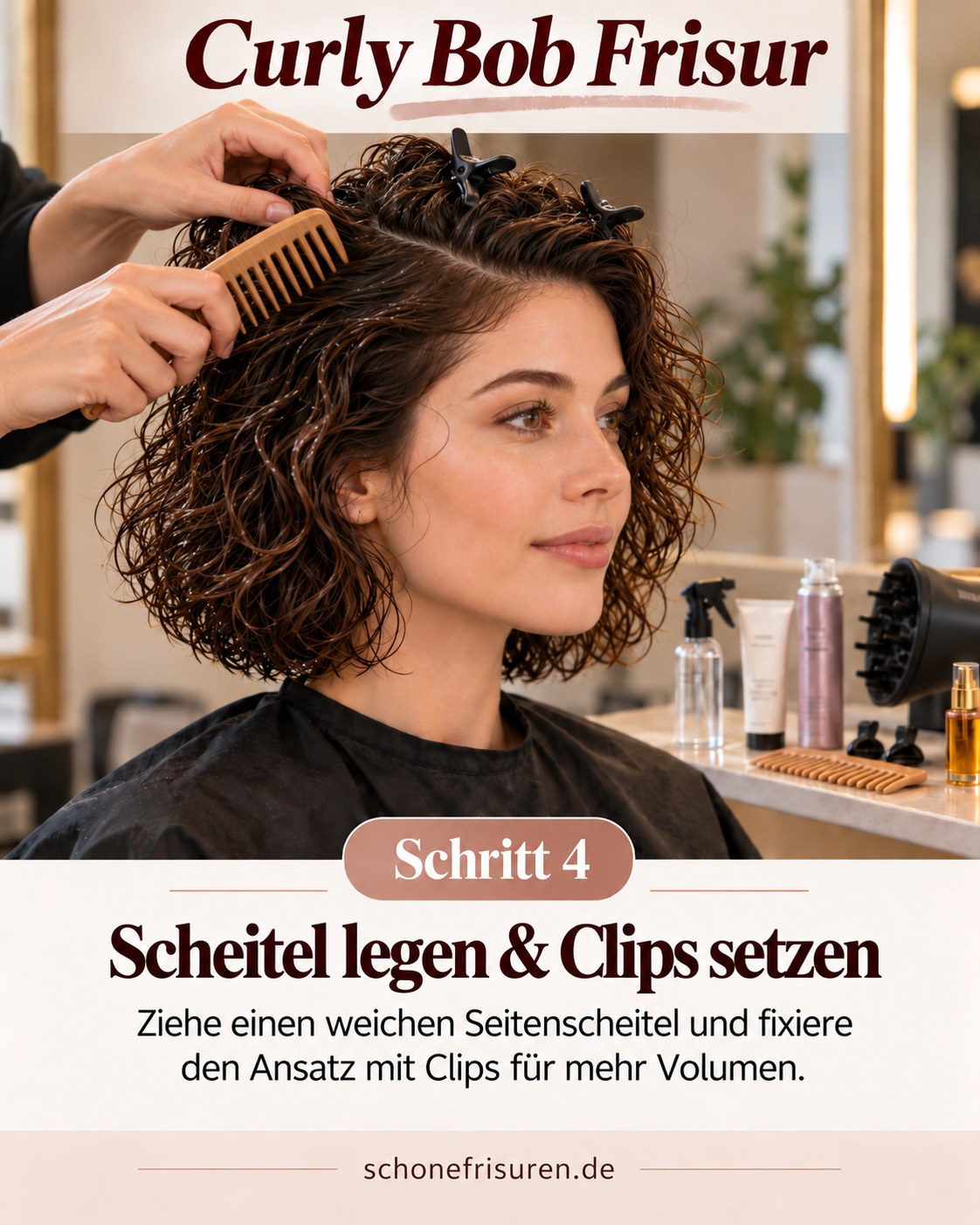 Curly Bob Frisur mit Seitenscheitel und Clips am Lockenansatz