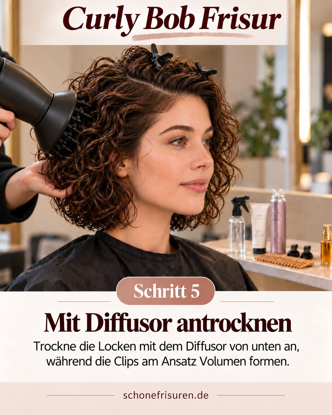 Curly Bob Frisur beim Trocknen der Locken mit Diffusor