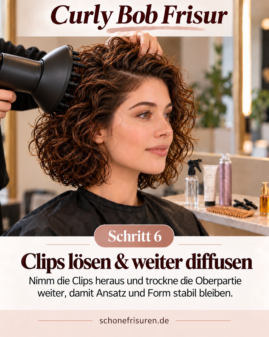 Curly Bob Frisur mit gelösten Clips und weiterem Diffusor-Styling