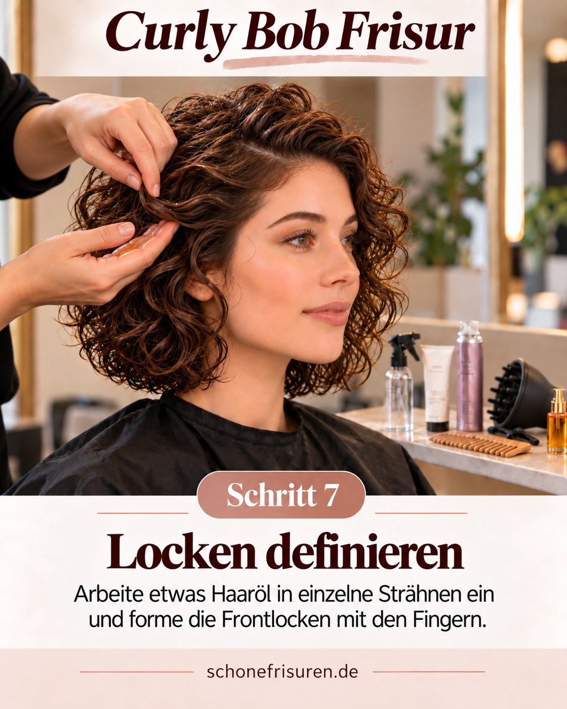Curly Bob Frisur mit Haaröl und definierter Frontpartie
