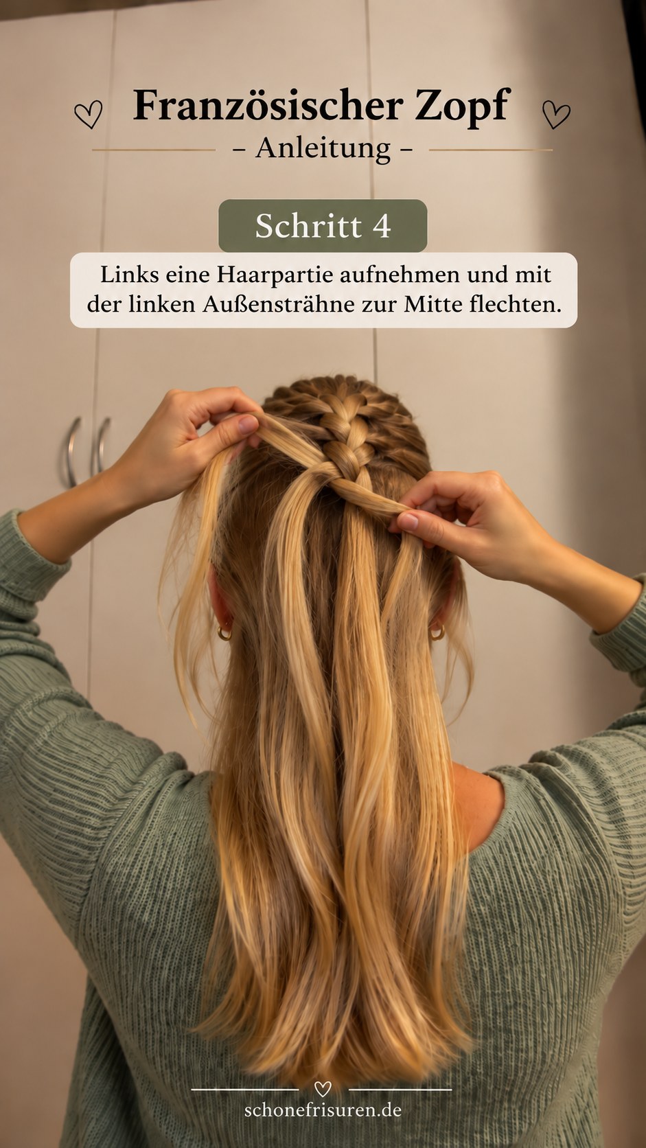Französischer Zopf Anleitung beim Aufnehmen einer linken Haarpartie zur Mitte