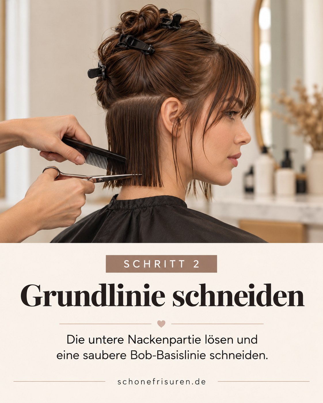 French Bob mit Pony beim Schneiden der geraden Nackenlinie