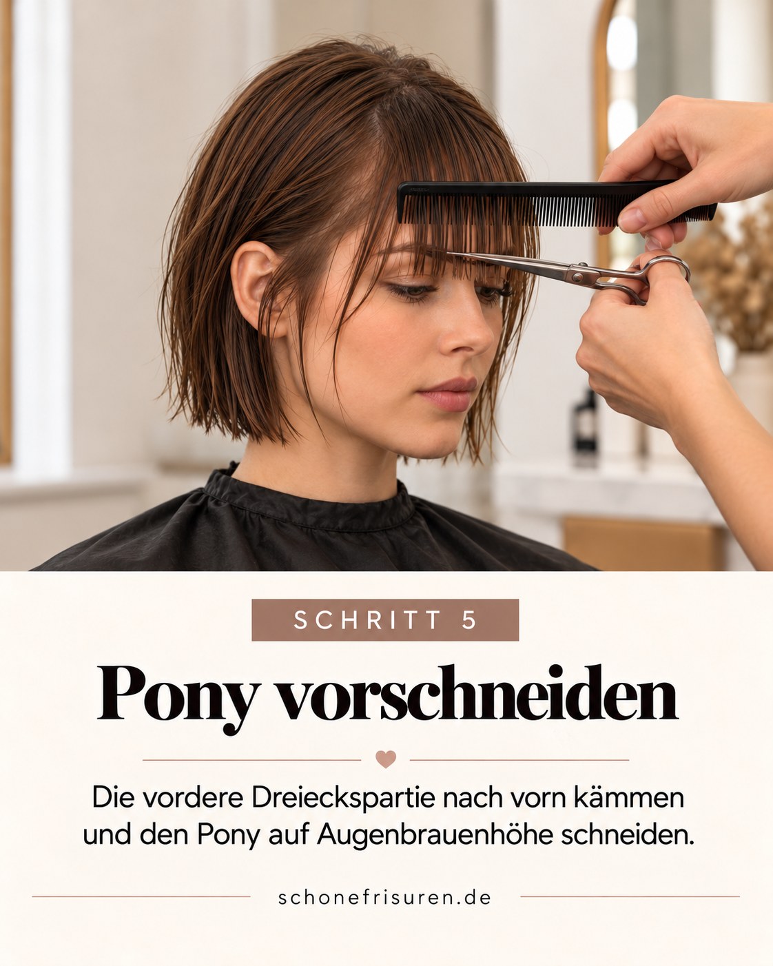 French Bob mit Pony Ponybereich wird auf Augenbrauenhöhe vorbereitet