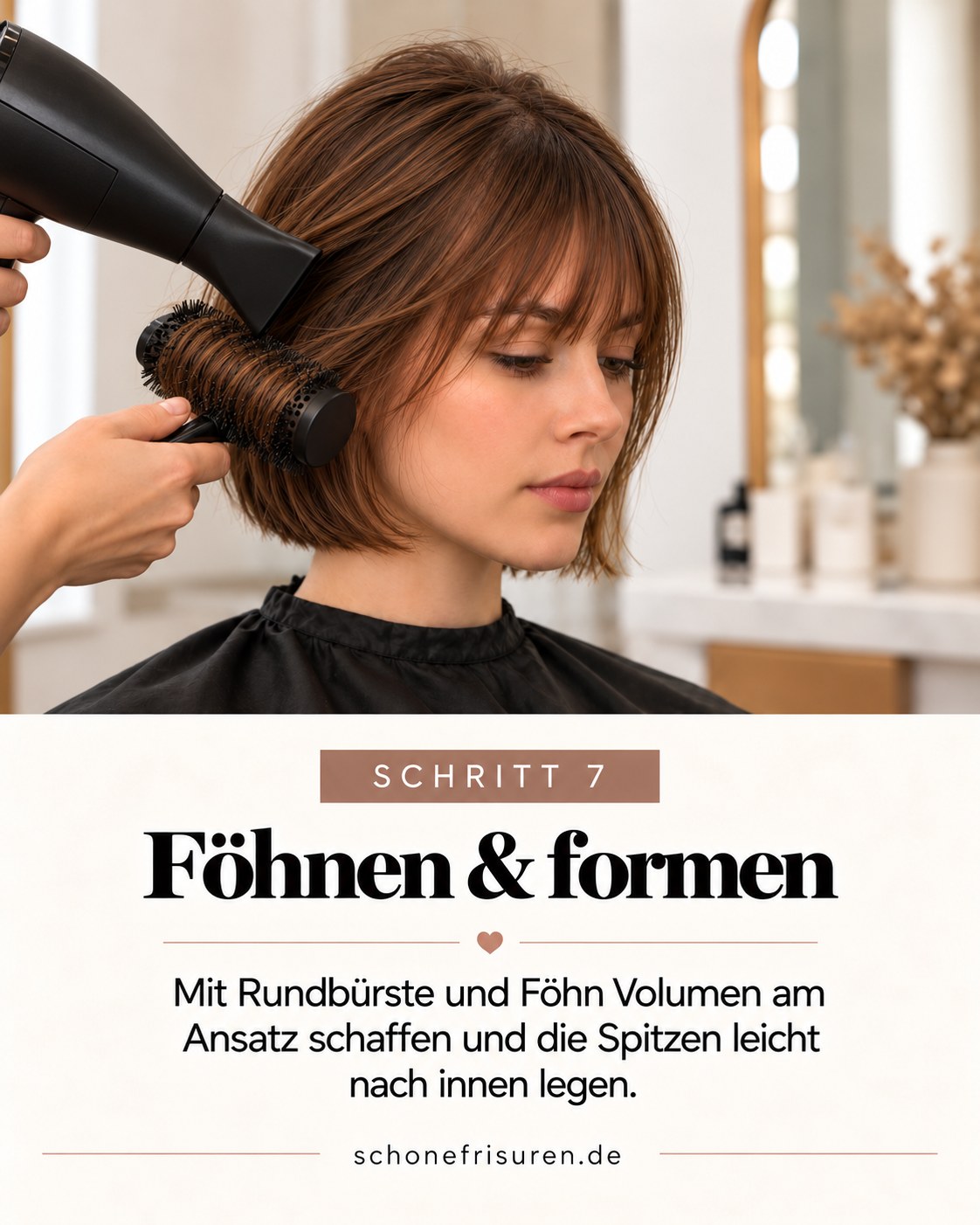 French Bob mit Pony Styling mit Rundbürste und Föhn für Volumen