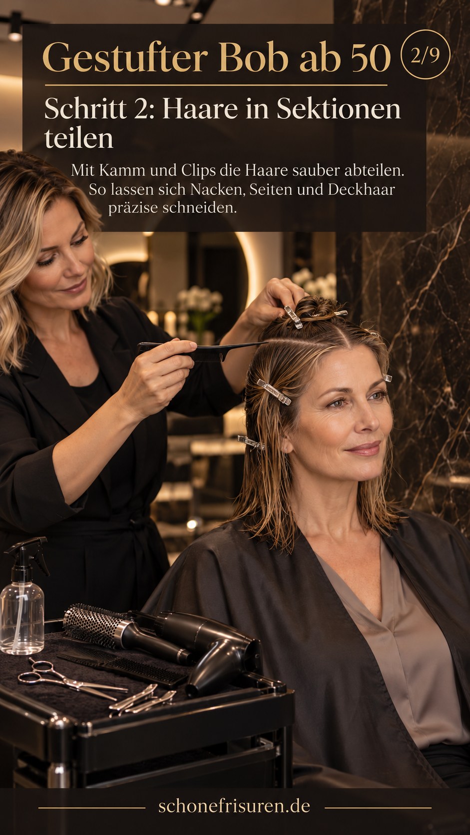 Gestufter Bob ab 50 mit abgeteilten Haarpartien und Clips im Salon