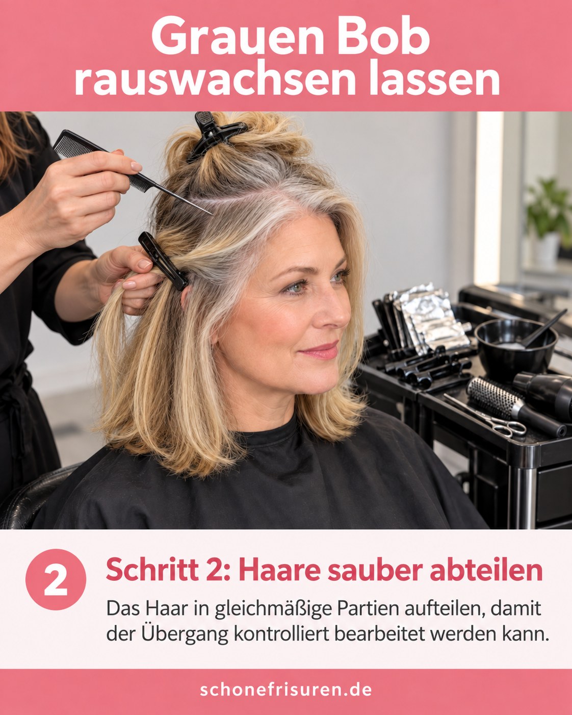 Grauen Bob rauswachsen lassen mit abgeteilten Haarpartien und Klammern