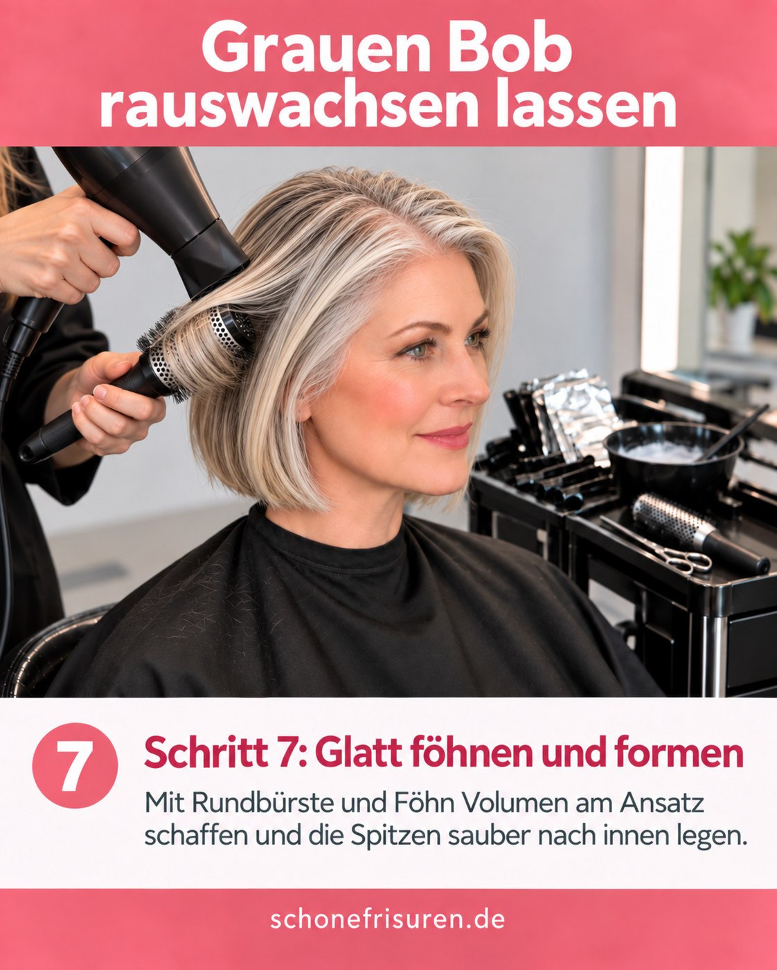 Grauen Bob rauswachsen lassen mit Rundbürste und Föhn beim Styling