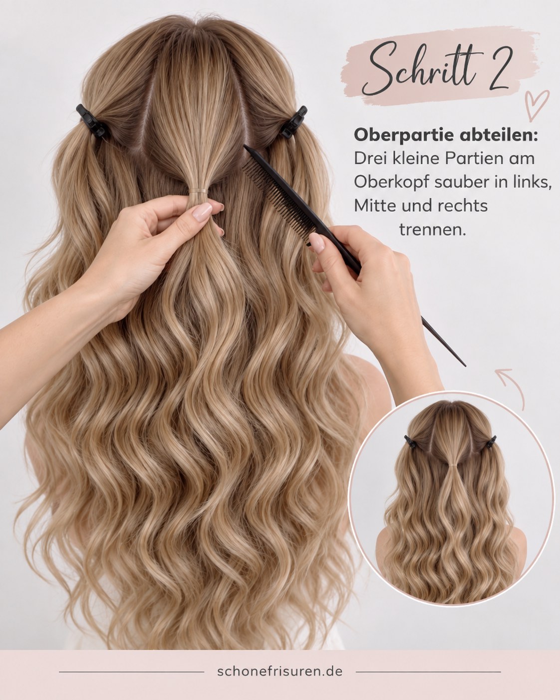 Halboffene Frisur Locken mit drei oberen Haarpartien sauber abgeteilt