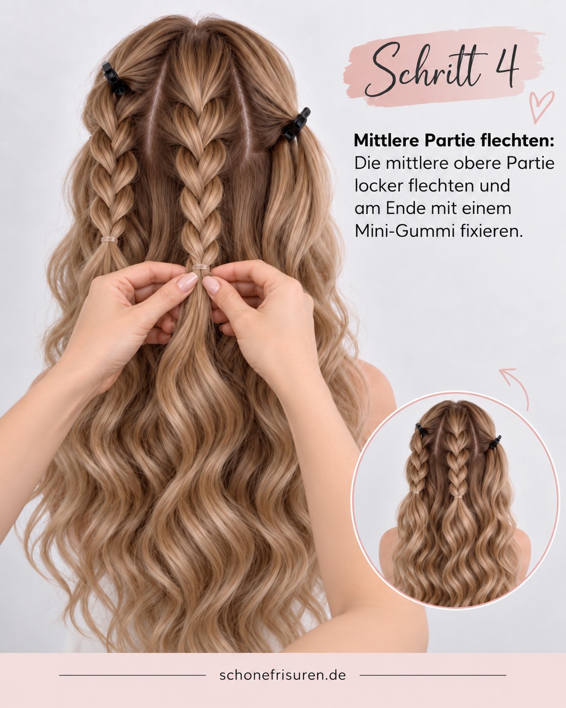 Mittlere Partie der Frisur mit Locken wird für geflochtene Blüten vorbereitet