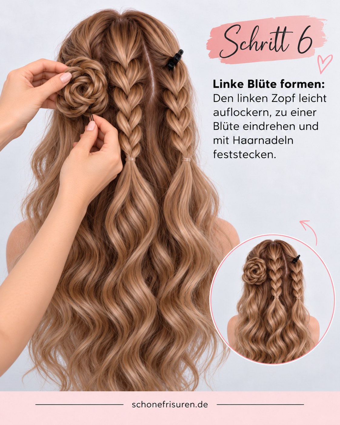 Erste geflochtene Blüte aus Locken-Zopf wird mit Haarnadeln geformt