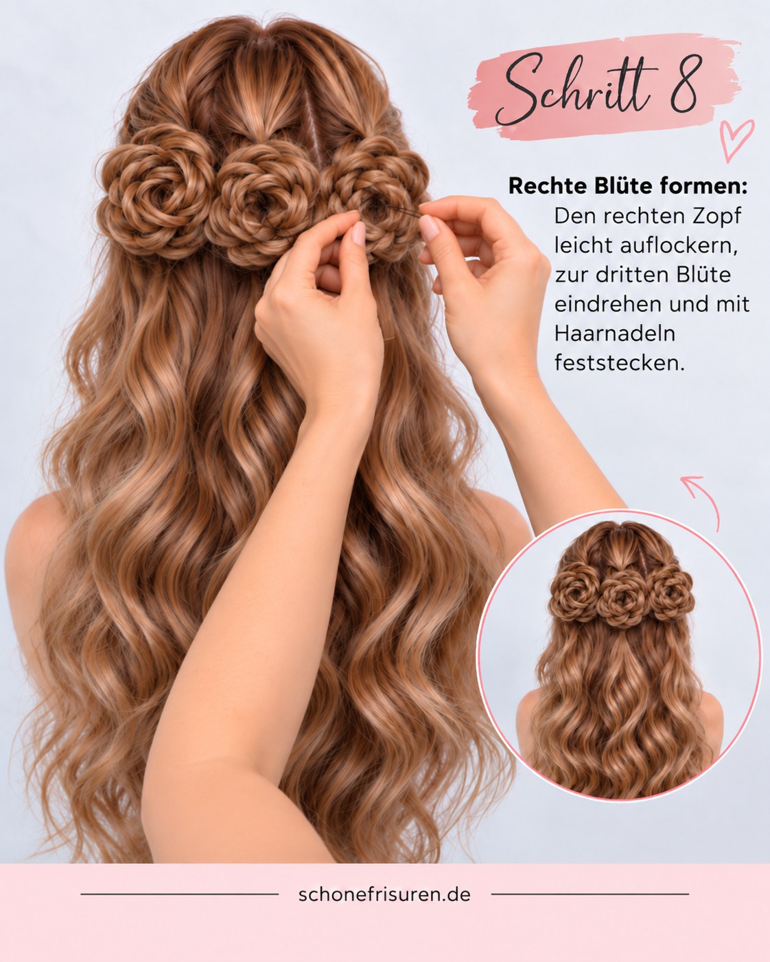 Rechte geflochtene Blüte ergänzt die halboffene Frisur mit Locken