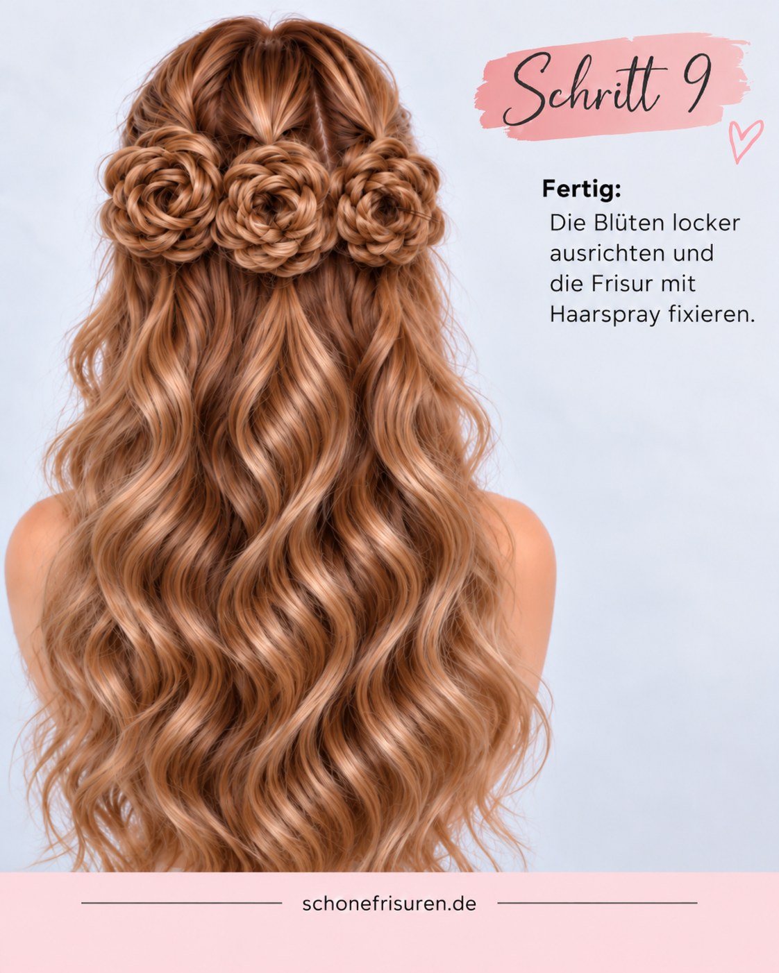 Fertige halboffene Frisur mit Locken und drei geflochtenen Blüten