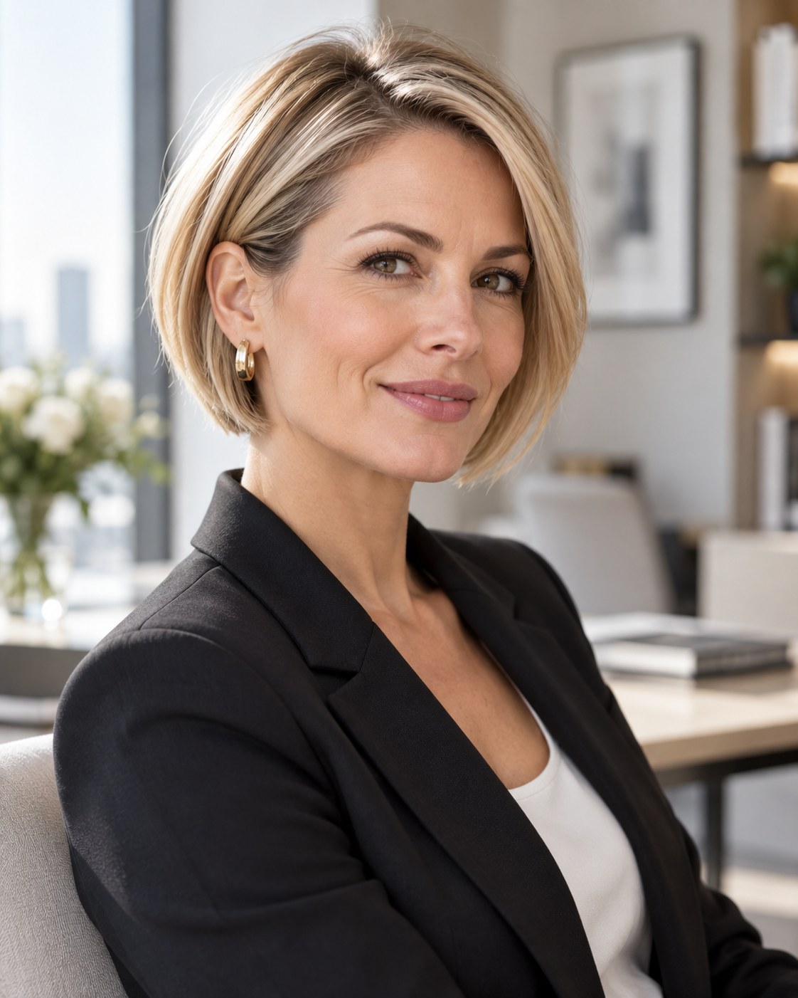 blonder kurzer Bob Haarschnitt mit klarer Kontur
