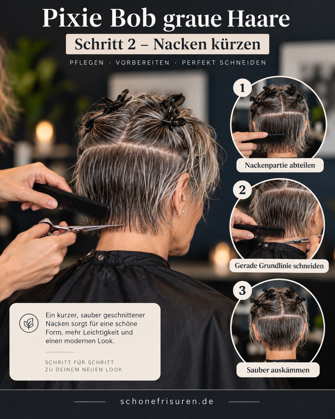 Pixie Bob graue Haare mit sauber geschnittener Nackenpartie im Detail