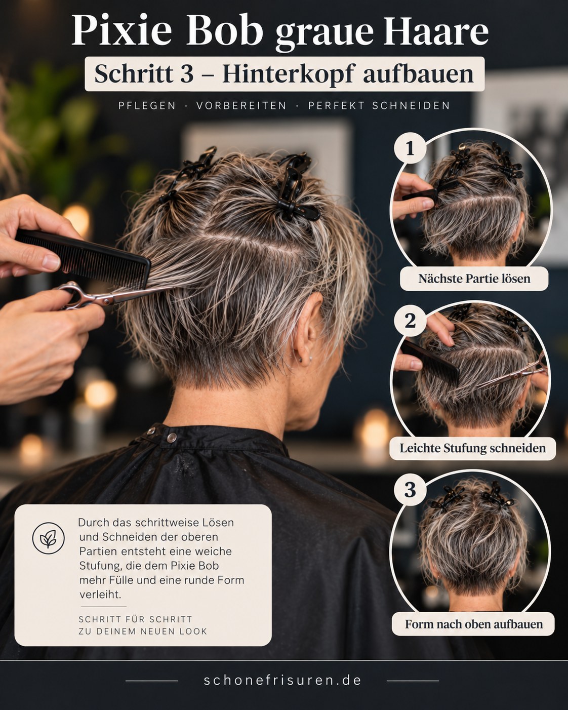 Pixie Bob graue Haare erhalten weiche Stufen am Hinterkopf