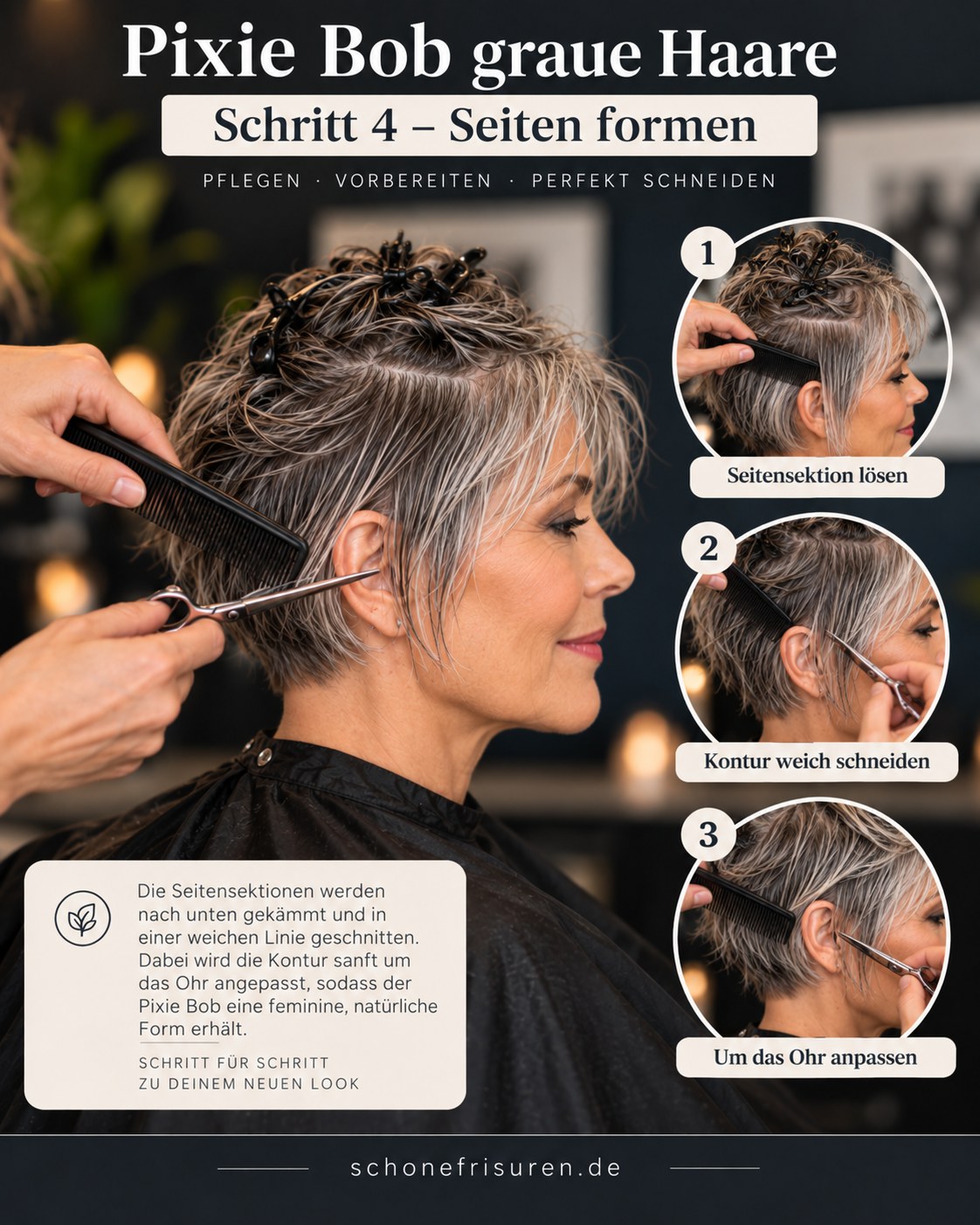 Pixie Bob graue Haare mit sanft geformten Seitenkonturen am Ohr