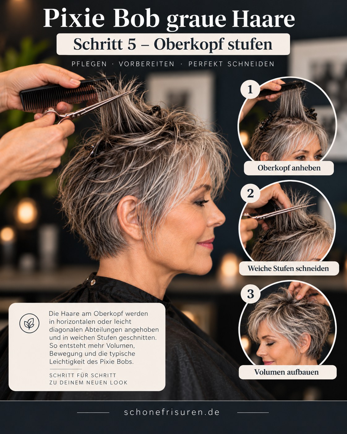 Pixie Bob graue Haare werden am Oberkopf für Volumen gestuft