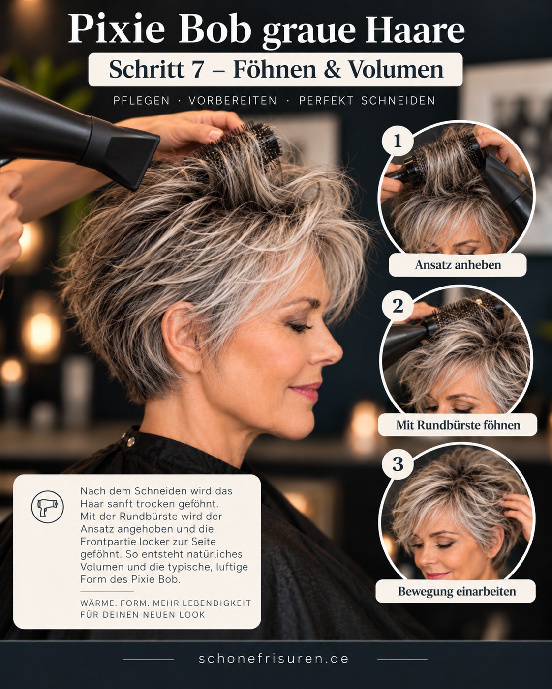 Pixie Bob graue Haare werden mit Rundbürste luftig geföhnt
