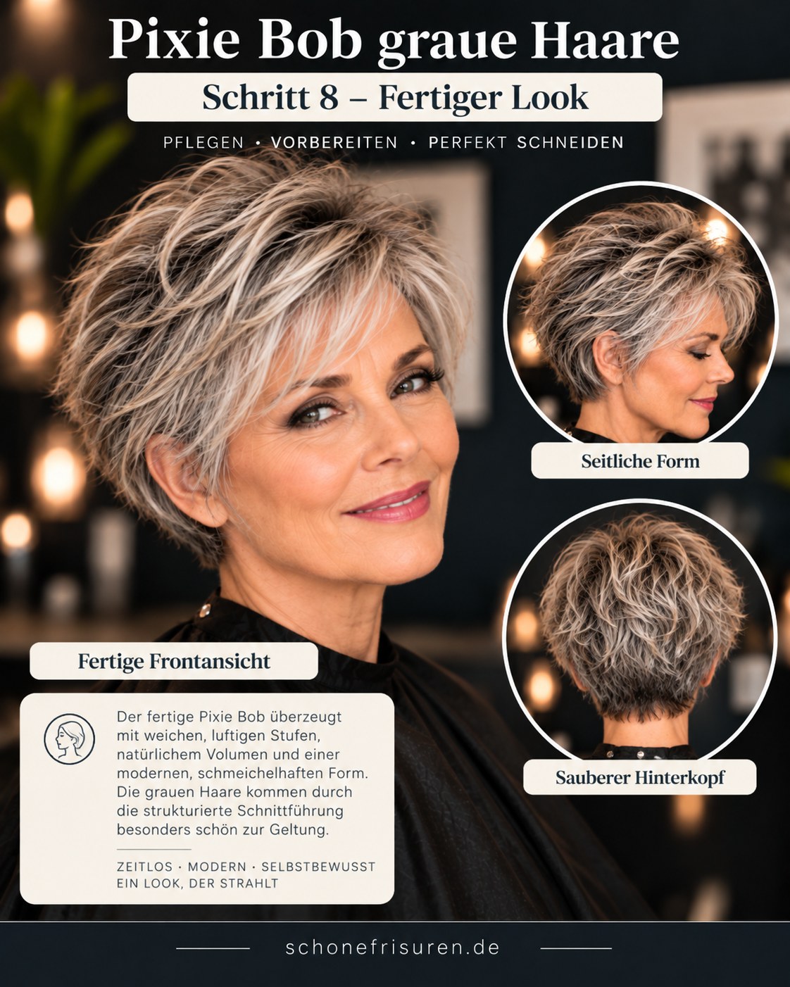 Pixie Bob graue Haare als fertiger moderner Kurzhaarschnitt
