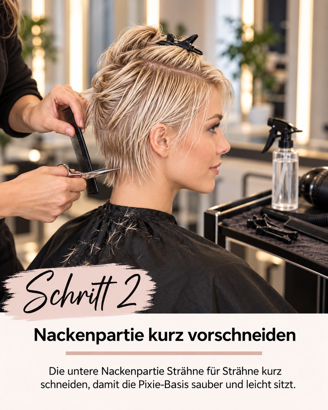 Pixie Cut feines Haar blond zeigt den kurzen Nackenschnitt mit Schere