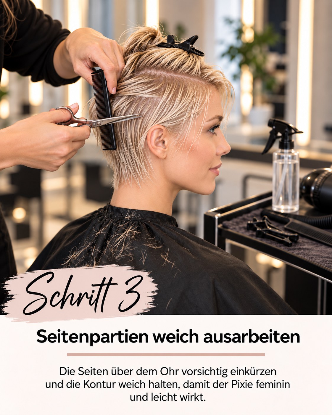 Pixie Cut feines Haar blond mit weich geschnittener Seitenpartie über dem Ohr