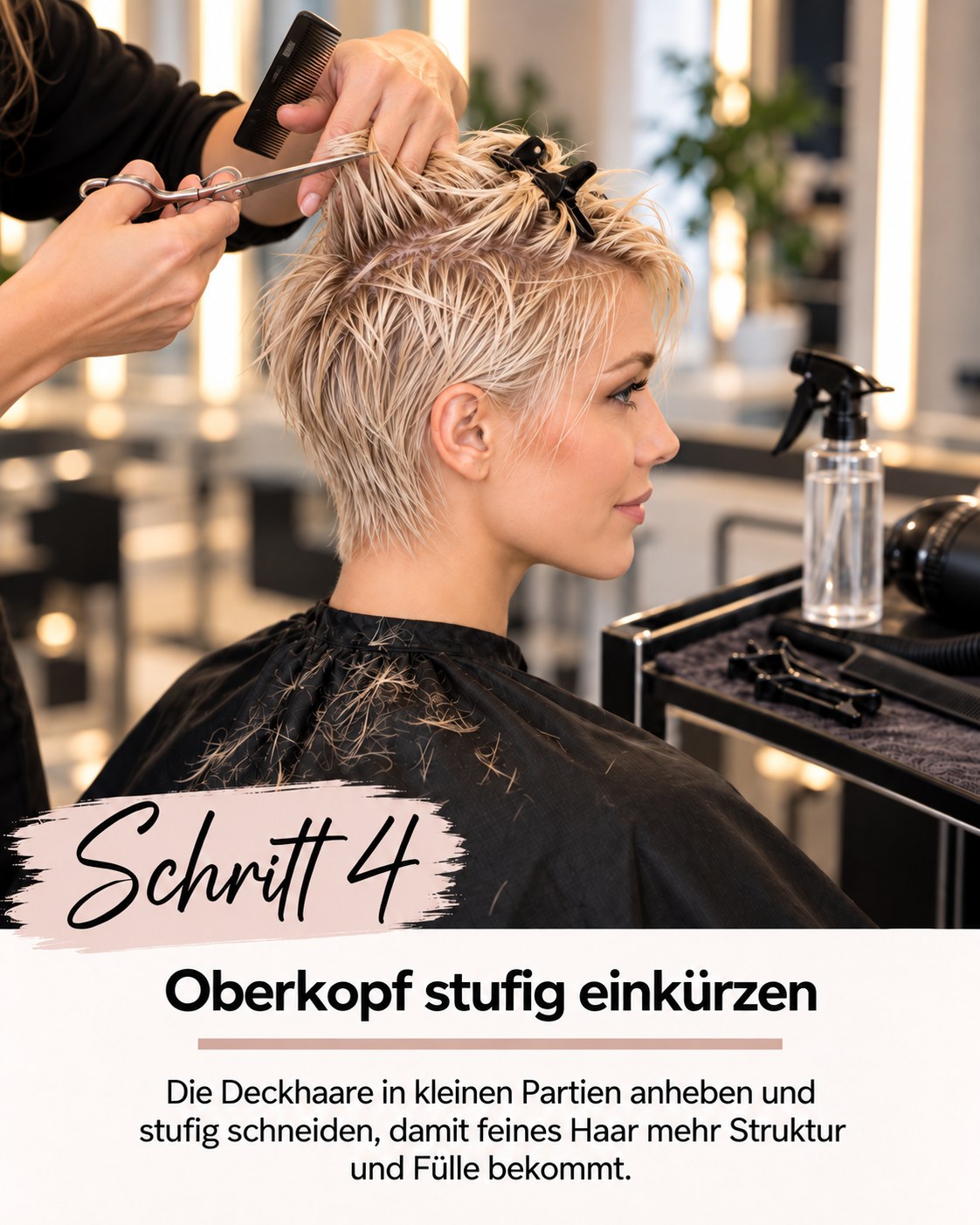 Pixie Cut feines Haar blond erhält am Oberkopf leichte Stufen für Volumen