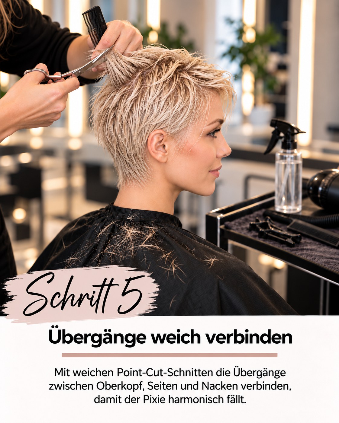 Pixie Cut feines Haar blond mit verbundenen weichen Übergängen im Schnitt