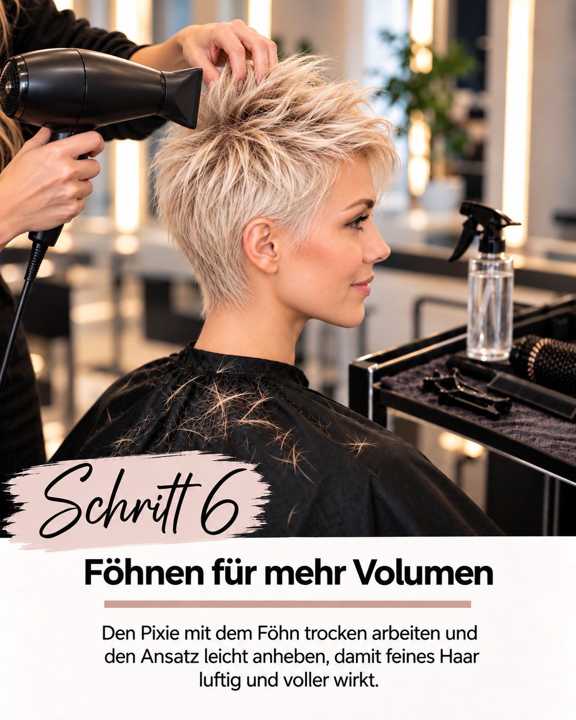 Pixie Cut feines Haar blond wird für luftiges Volumen trocken geföhnt