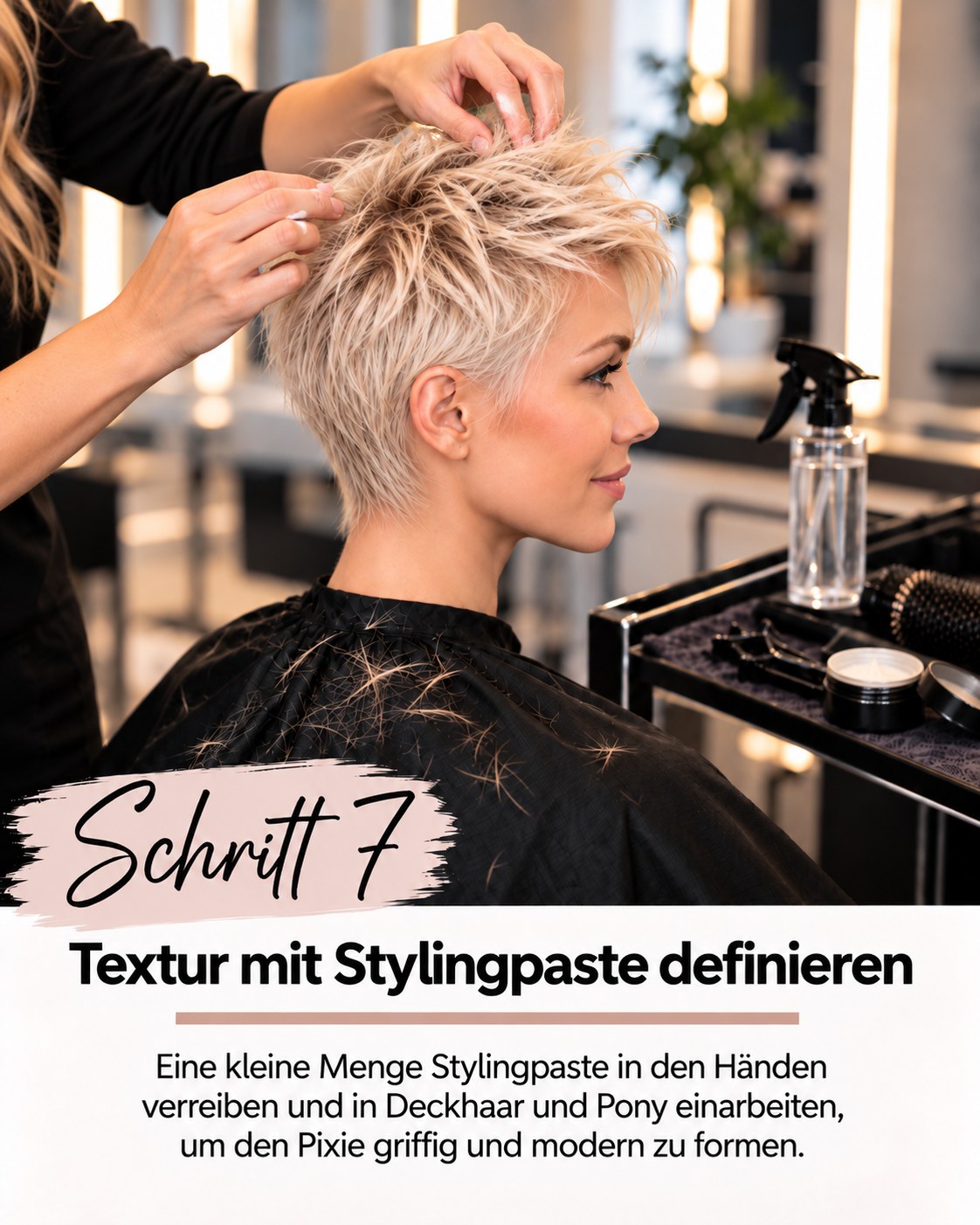 Pixie Cut feines Haar blond bekommt mit Stylingpaste definierte Textur
