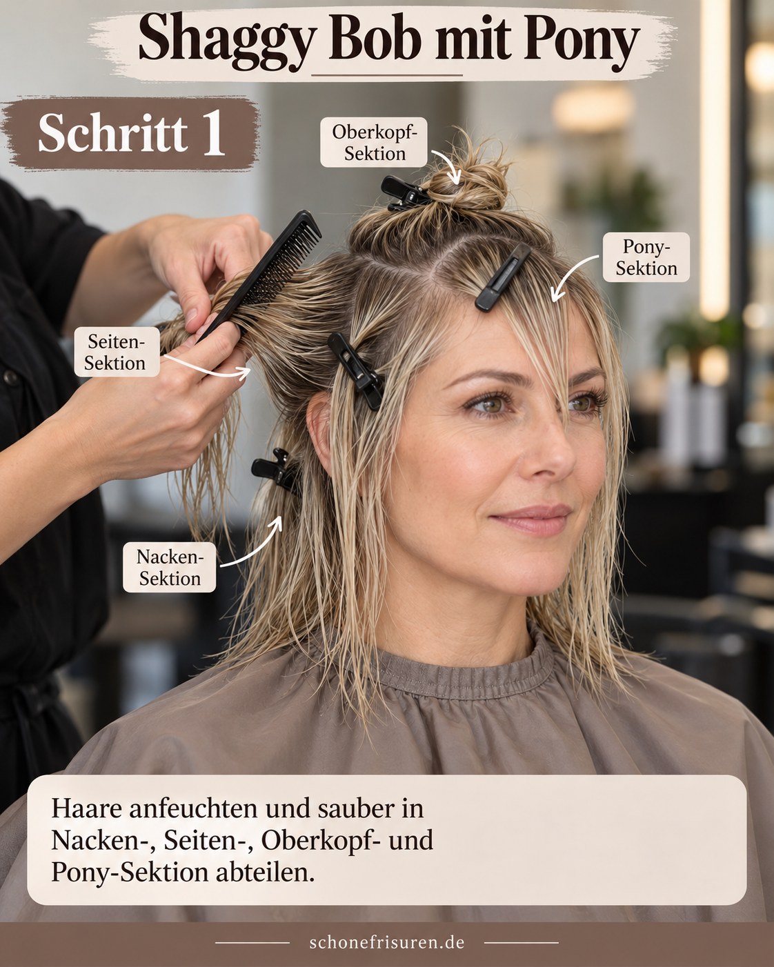 Shaggy Bob mit Pony beginnt mit abgeteilten Nacken, Seiten und Oberkopf Sektionen